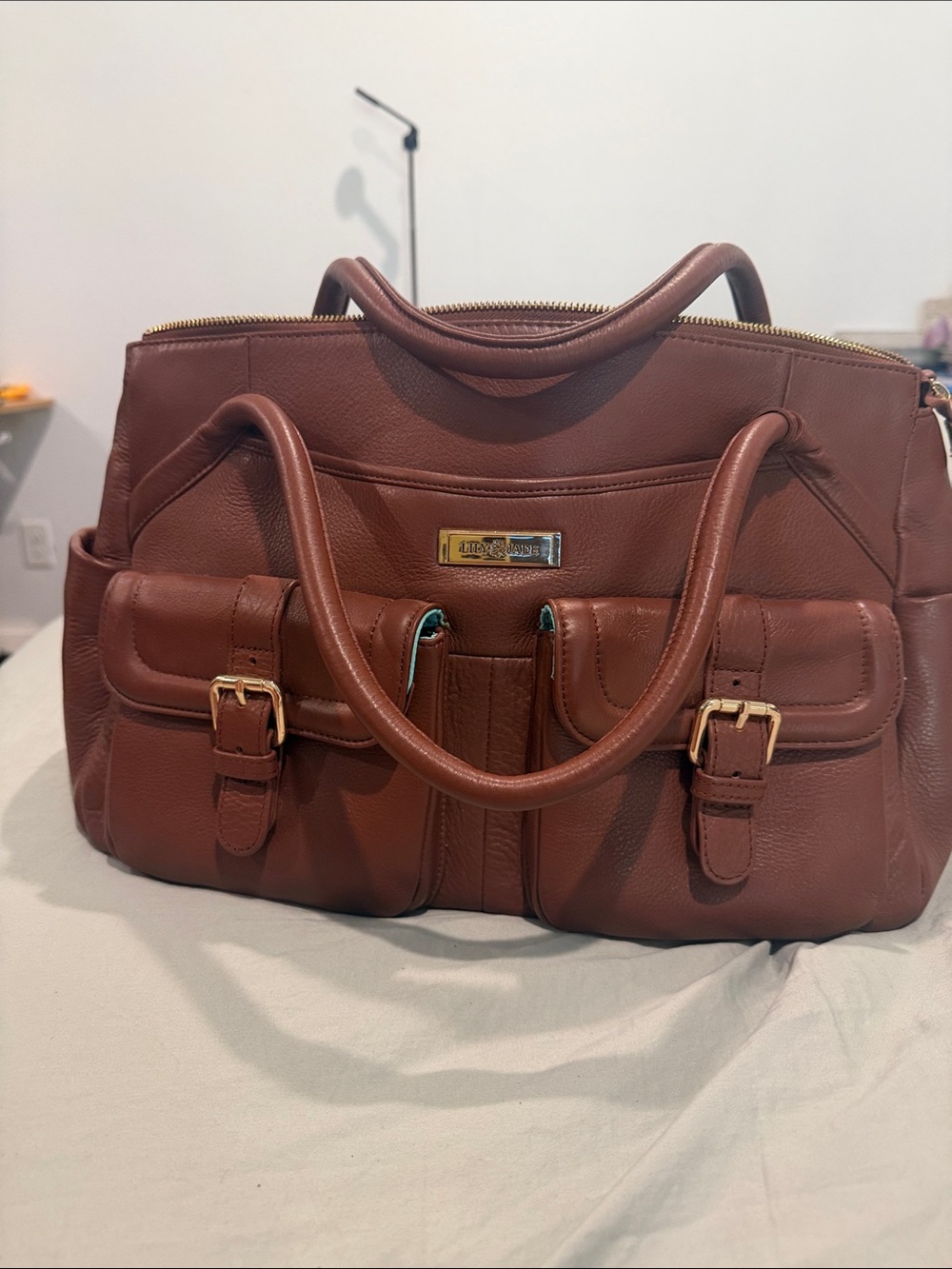 Brown Leather Diaper/backpack Handbag with Dual Front Pockets Lily Jade
